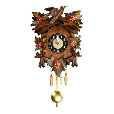 Traditional Carved Black Forest Quartz Mini Cuckoo Clock with 5 Painted Flowers and Leaves