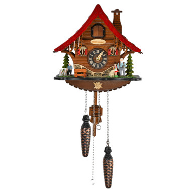 Heidis Chalet Black Forest Quartz Cuckoo Clock with Red Roof and Family