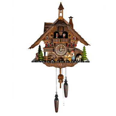 Grand Black Forest Chalet with Bell Tower Quartz Cuckoo Clock with Dancing Couple, Watermill Wheel, Beer Drinker and Woman
