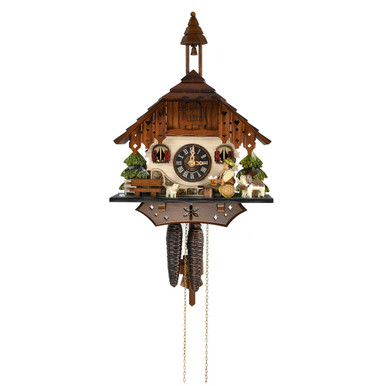 Black Forest Chalet with Bell tower and Animated Beer Drinker 1 Day Mechanical Cuckoo Clock