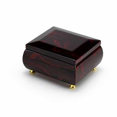 Stunning 23 Note Burgundy Beveled Top Music Jewelry Box with Artistic Floral Motif