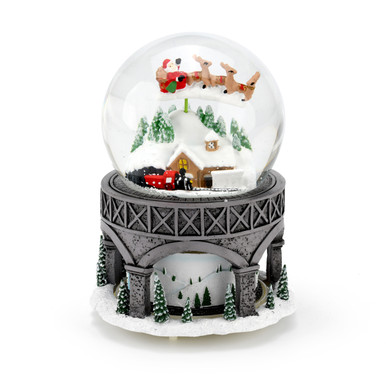 Santa and Reindeers Over Snowy Town Animated Base Musical Snow Globe