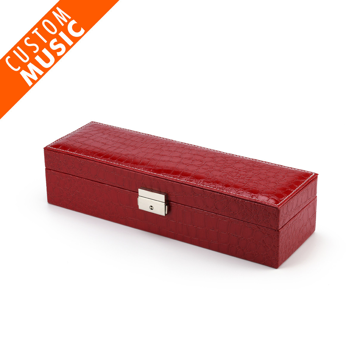 Image of Modern Red Croc Skin Faux Leather Panel USB Sound Module Rectangular Watch Box