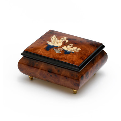 Handcrafted Tranquil Swans Couple Inlay Wood 23 Note Musical Jewelry Box