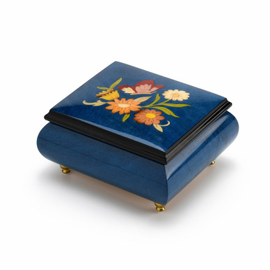 Adorable 23 Note Dark Blue Music Box with Butterfly and Flower Inlay