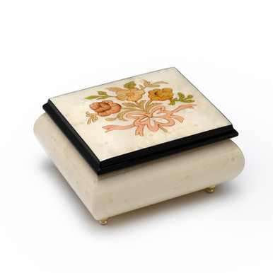 Handcrafted 23 Note Ivory Music Box with Flowers and Ribbon Inlay