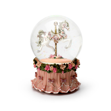 Beautiful Pink Roses and Ribbons Carousel Musical Waterglobe - Choose Your Song