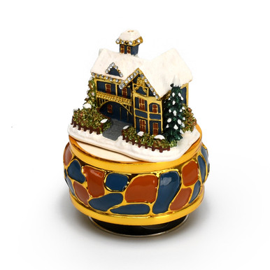 Jeweled Christmas Time Gold Victorian House Rotating Musical Keepsake