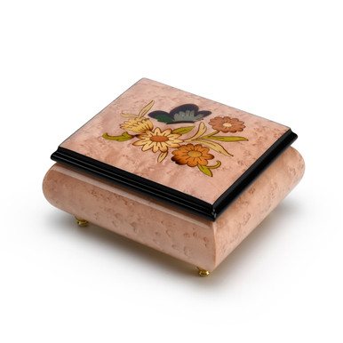 Precious 18 Note Pink Music Box with Butterfly and Flower Inlay