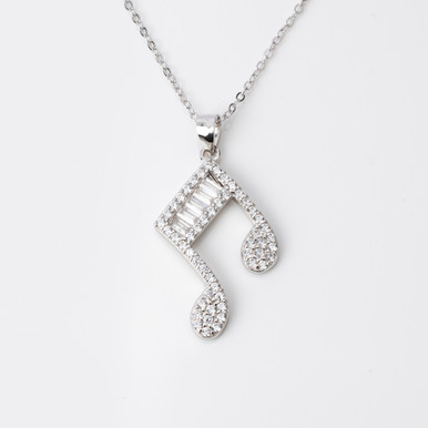 Platinum Plated Necklace with Musical Note Pendant with Various Cut White Gemstones