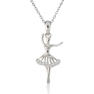 Platinum Plated Necklace with Ballerina Pirouette Pendant with Gemstones