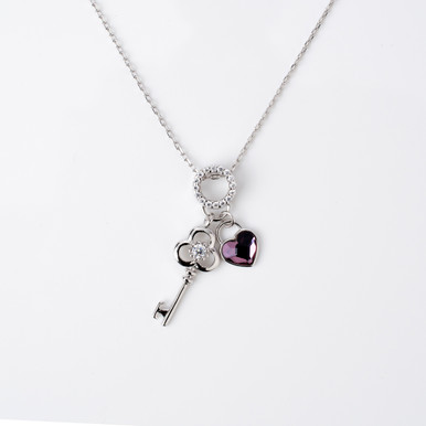Platinum Plated Necklace with Key and Purple Heart Gemstone Pendant