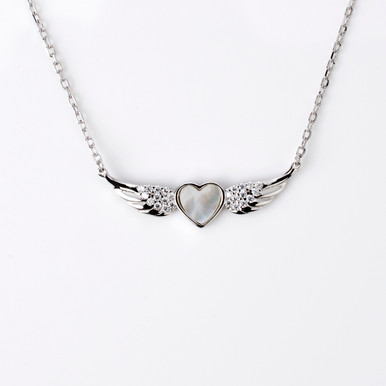 Platinum Plated Necklace with Mother of Pearl Winged Pendant with Gemstones