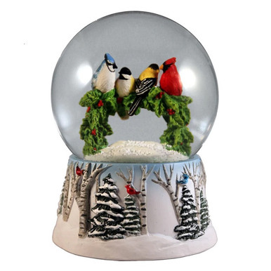Multi Birds on a Wreath Musical Snow Water Globe  - San Francisco Music Box Co.