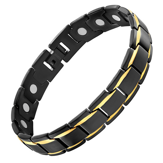 Magnetic Therapy Bracelet Black Titanium Gold Stripes