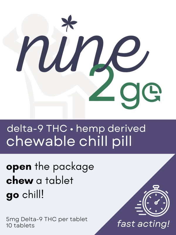 Nine2Go chewable chill pills contain 5mg hemp derived delta 9 THC per serving.