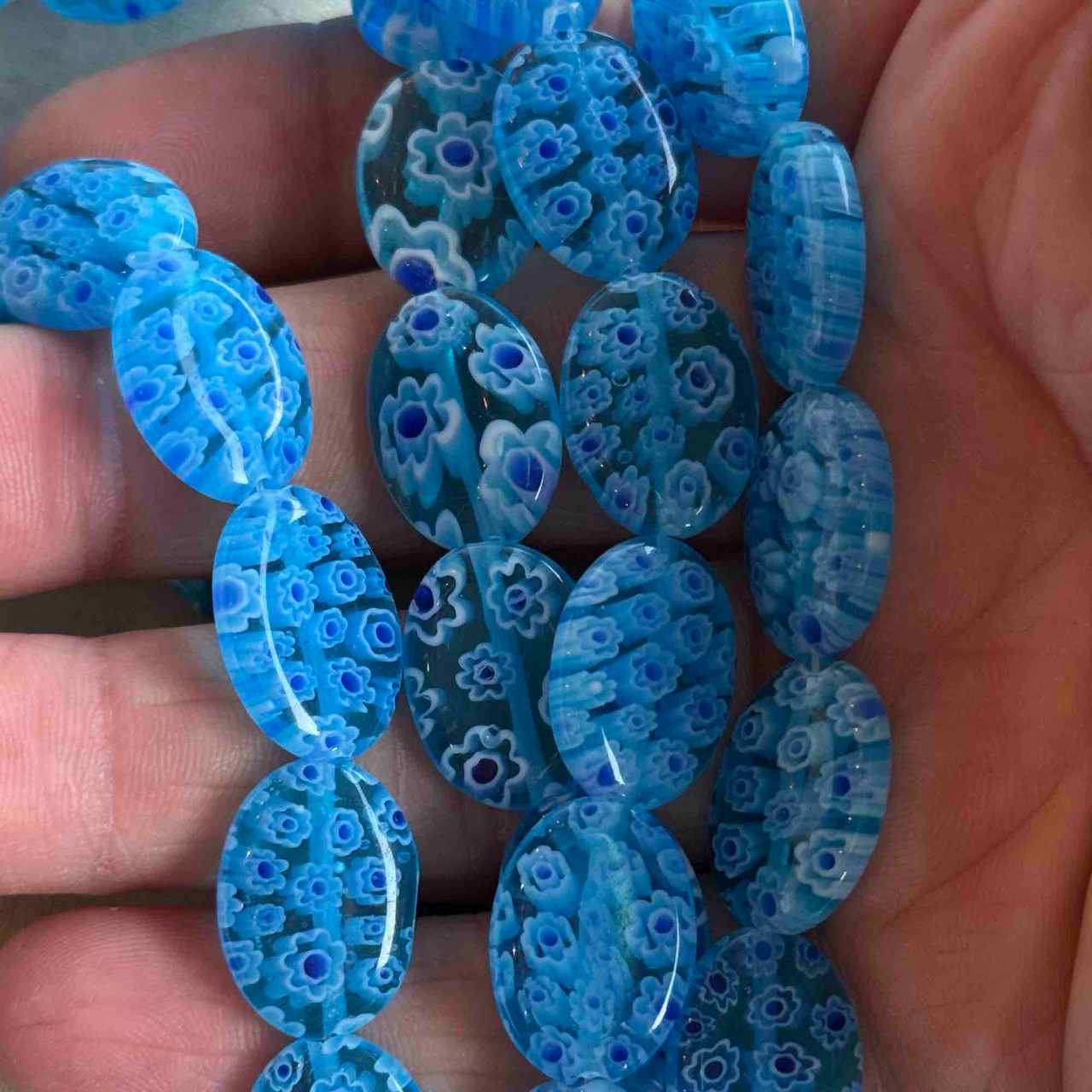 18x13mm Oval Millefiori Flower Beads Sky Blue Glass Per Strand
