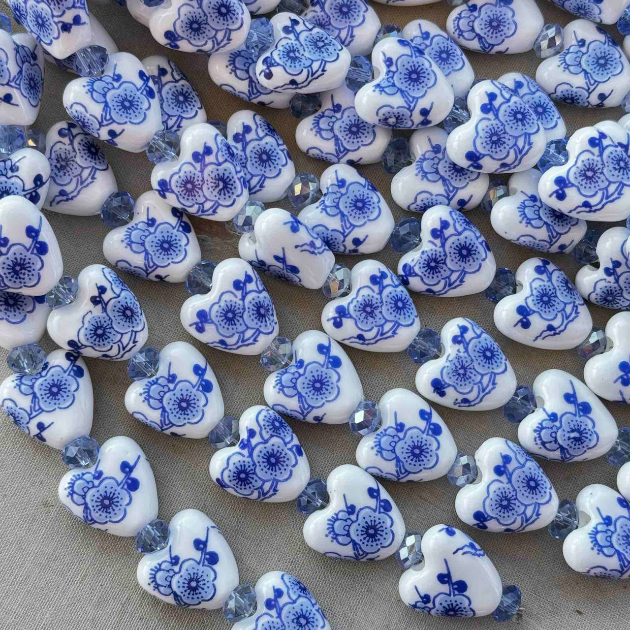 15mm Blue White China Porcelain Heart Beads Cherry Blossom