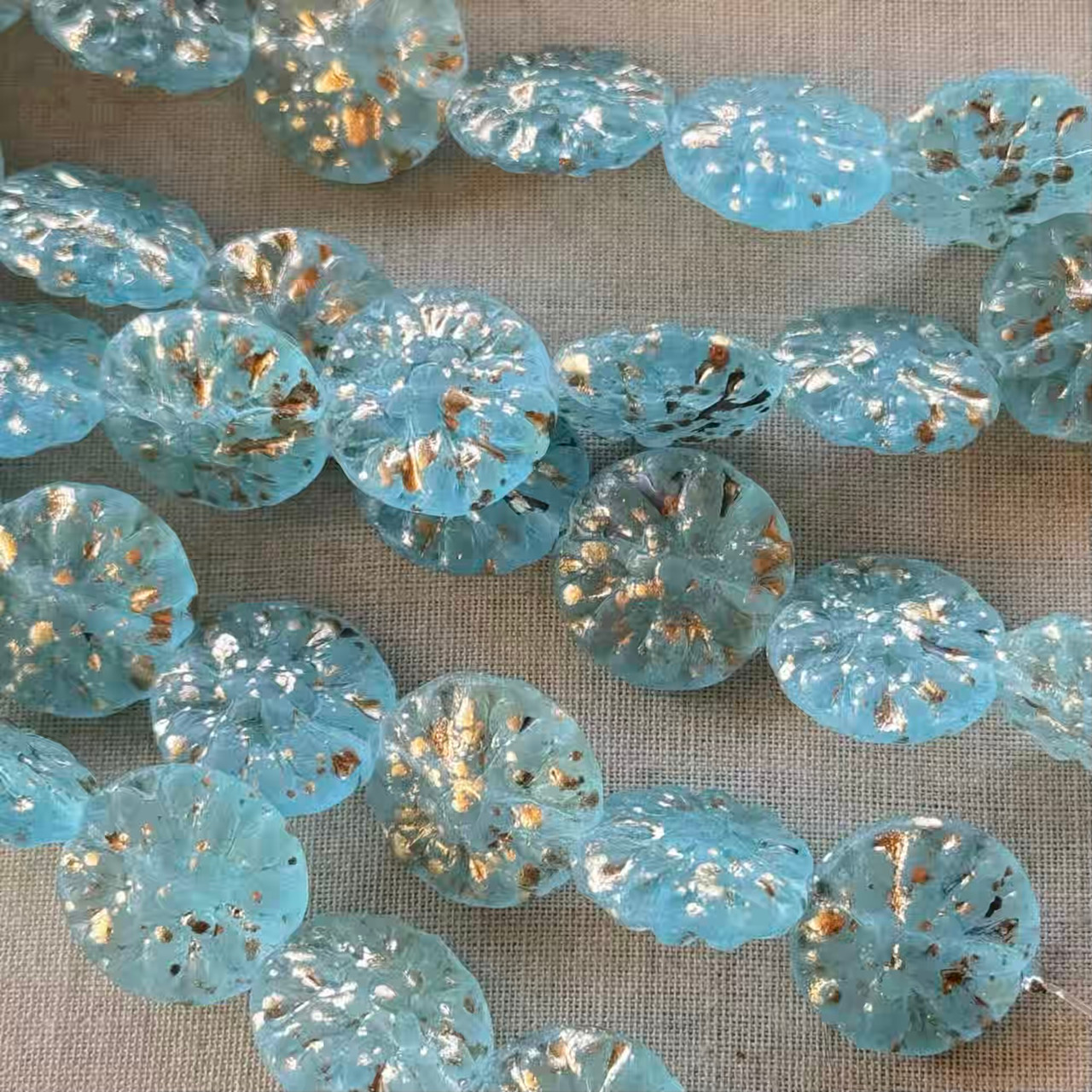 14mm Dahlia Coin Flower Beads Czech Glass Frosted Gilded Ice Blue