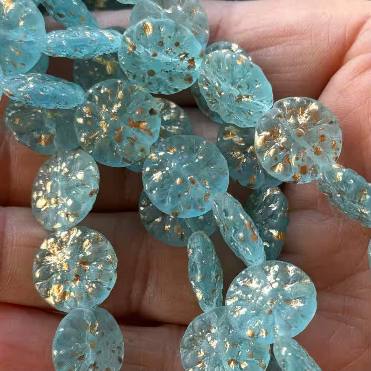 14mm Dahlia Coin Flower Beads Czech Glass Frosted Gilded Ice Blue