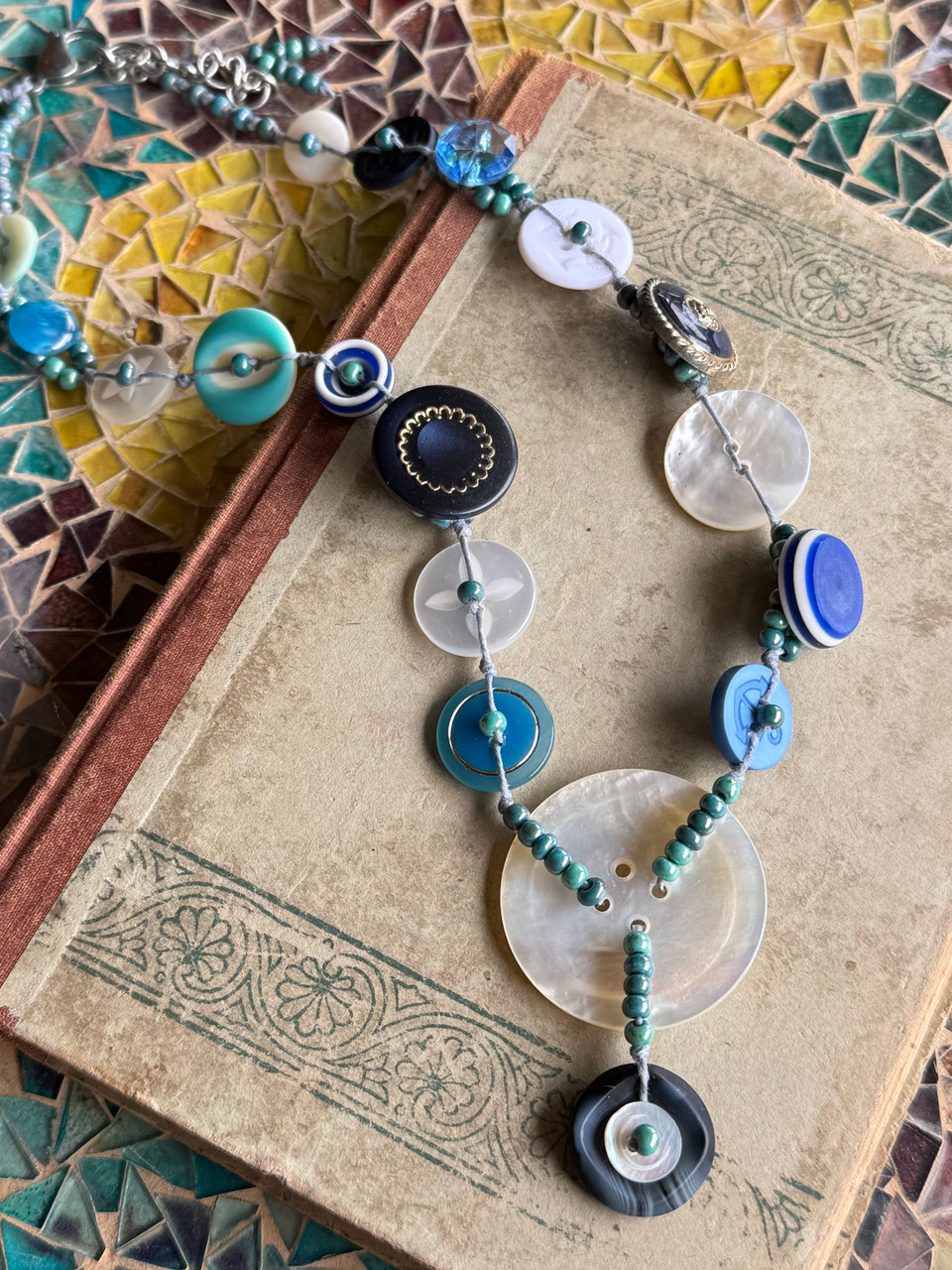 Beach Days Buttons Hand Knotted Necklace Artisan Made in the USA