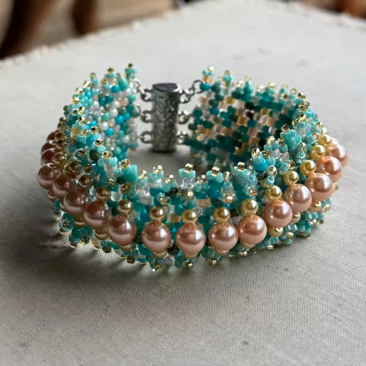 Woven Treasures Turquoise Pearl Seed Beaded Bracelet Artisan Made