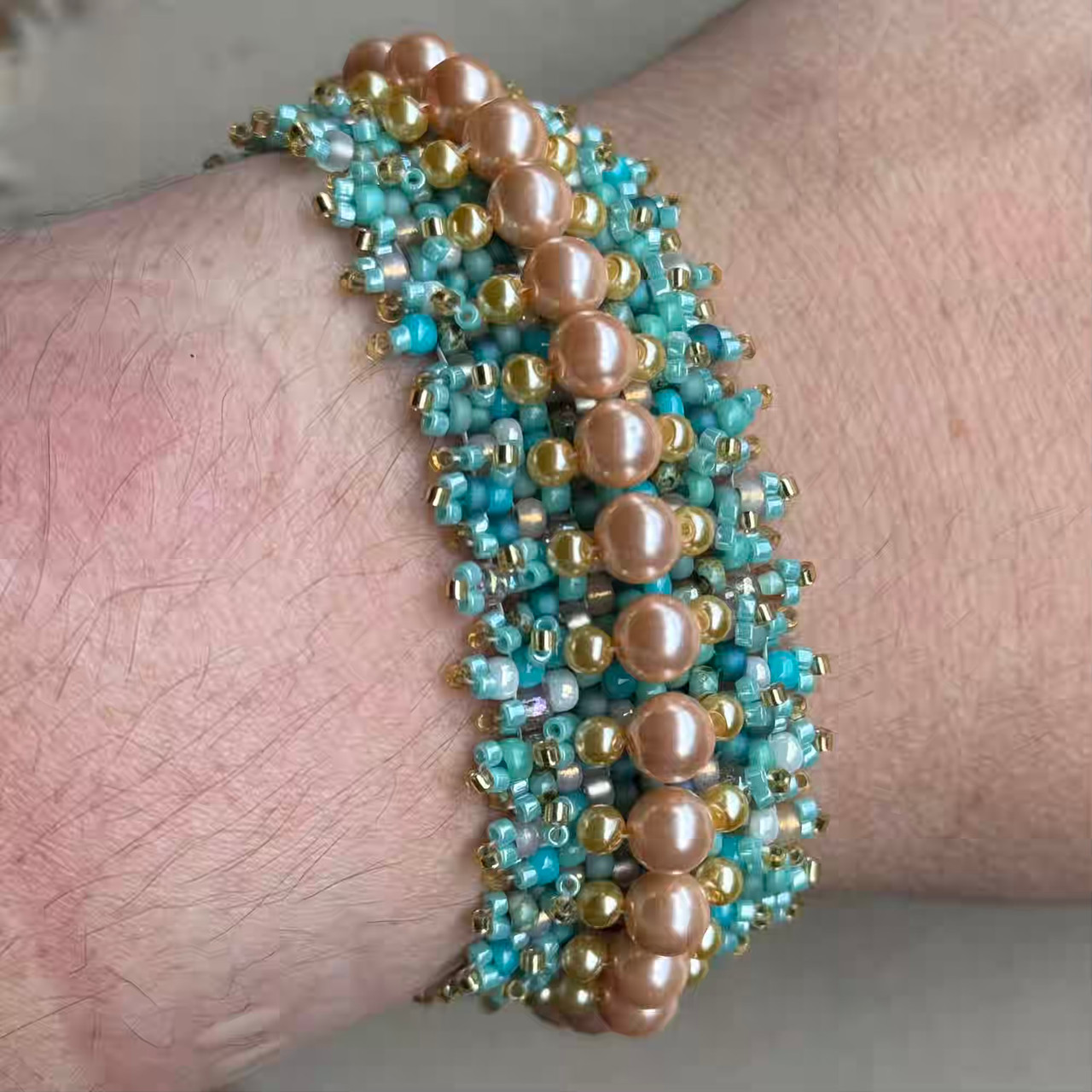 Woven Treasures Turquoise Pearl Seed Beaded Bracelet Artisan Made