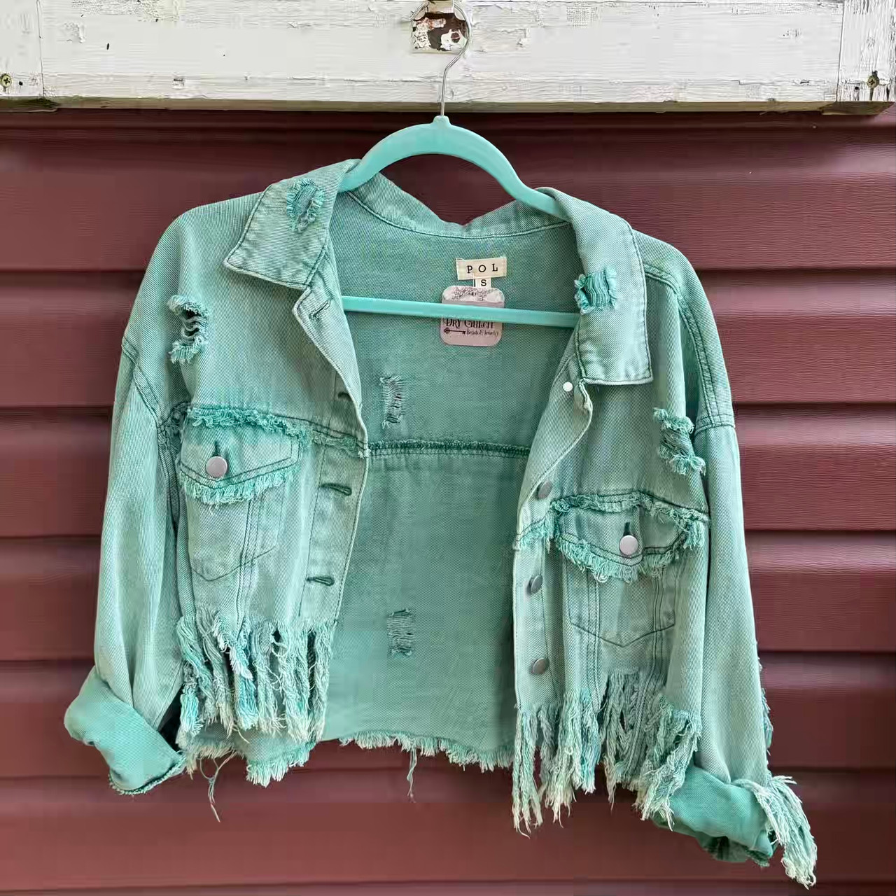 Turquoise Fringe Denim Cropped Jacket POL Distressed SMJ203 Per Pc