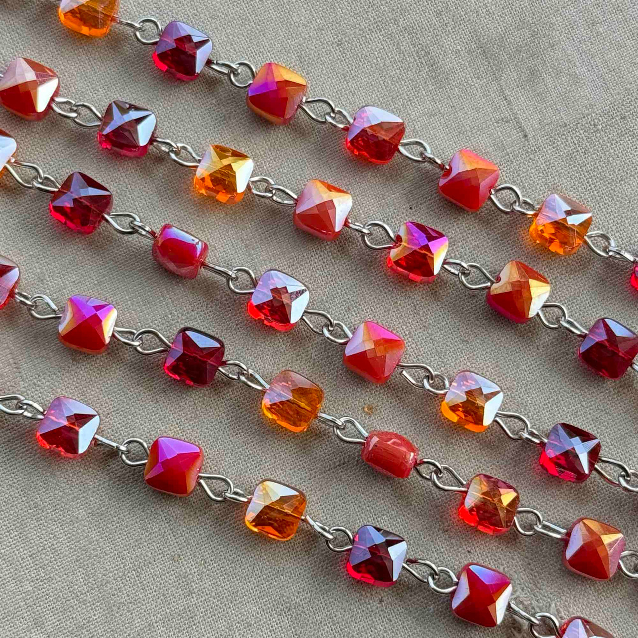 Fiesta CHICLETS Orange Red Beaded Rosary Chain 6mm Crystal