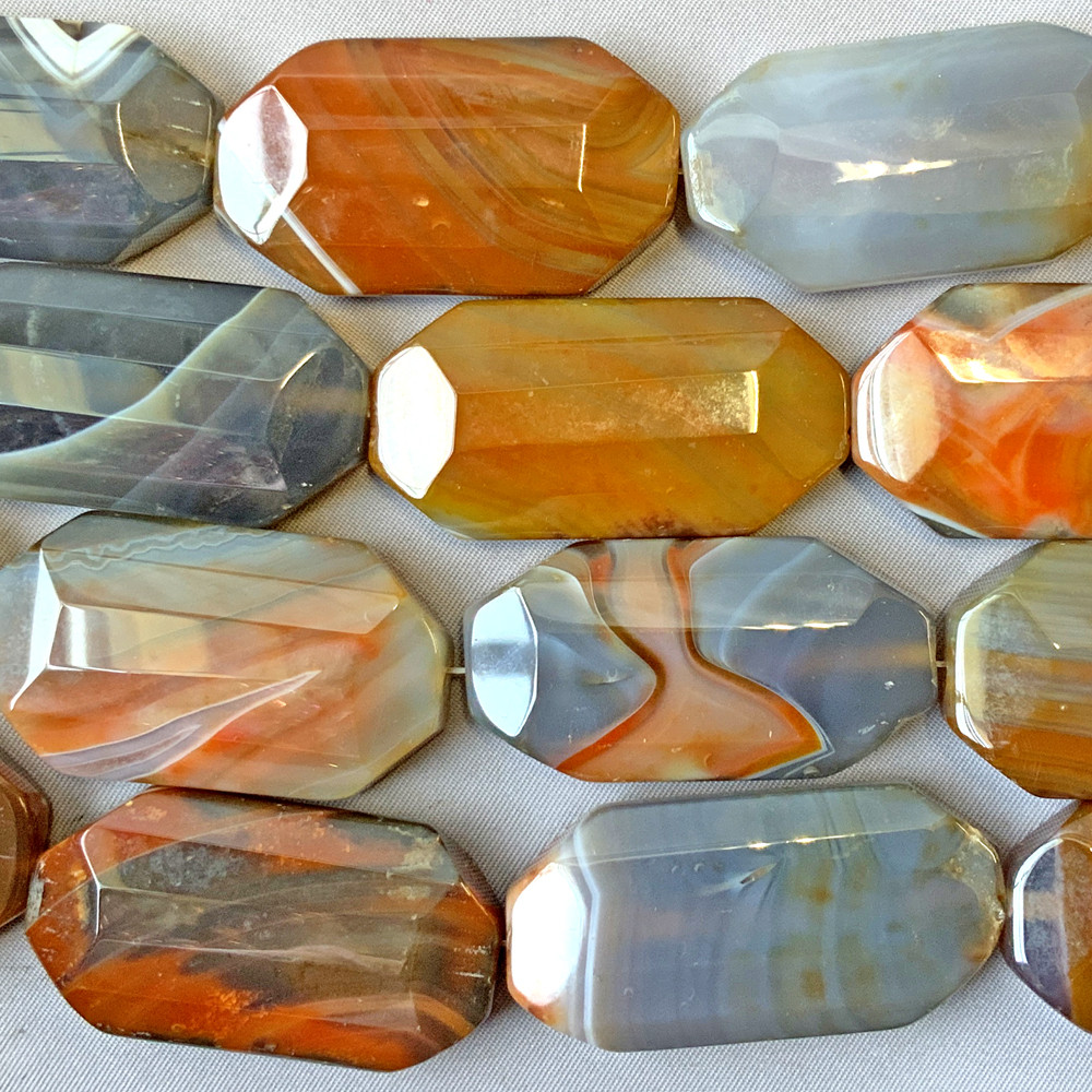 Orange Gray Banded Agate 42x20mm Faceted Rectangle Semi Precious Stone  Beads Per Strand - Main Image