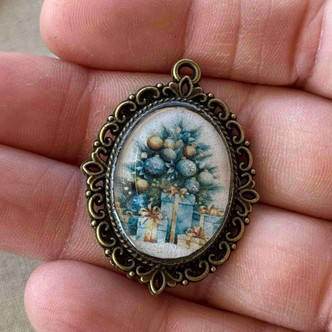Blue Christmas Tree Pendant Hand Poured Glitter Resin Oval 40x30mm Per Pc