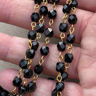 Black Crystal Faux Fire Polish Beaded Rosary Chain 6x5mm Gold Plated Per Foot