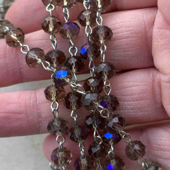 Dark Labradorite Beaded Rosary Chain 8mm Crystal Rondelle Antique Silver Plated Per Foot