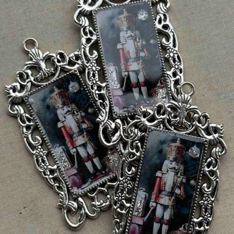 Nutcracker Pendant Hand Poured Glitter Resin Silver Rectangle 66x35mm Per Pc
