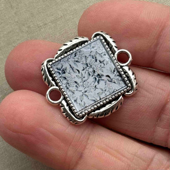 Blue White Floral Square Collage Resin Charms 25x23mm Antique Silver Plated Per Pair