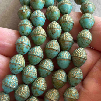 12x10mm Acorn Czech Glass Beads Gilded Turquoise Moss Q8 Per Strand