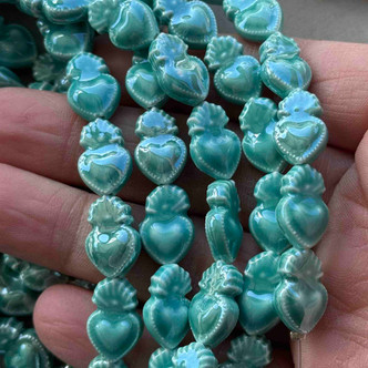 Sacred Heart Beads Turquoise Porcelain China 15x10mm Ceramic 10 Per Strand