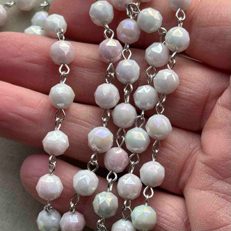 Cottage Patina Luster Beaded Rosary Chain 7mm Crystal Antique Silver Plated Per Foot