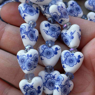 15mm Blue White China Porcelain Heart Beads Cherry Blossom Chinoiserie Per Strand