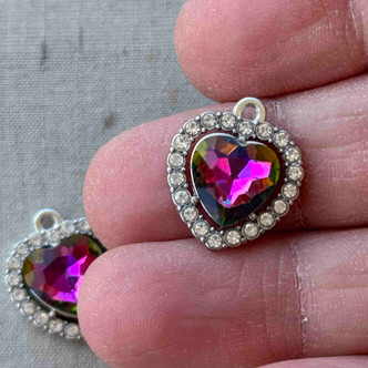 18mm Rhinestone Fancy Heart Charms Tourmaline Antique Silver Plated Per Pair