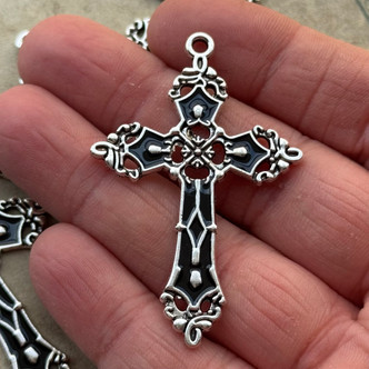 54x36mm Jet Gothic Cross Pendants Antique Silver Plated Enamel 4Pcs Per Pkg