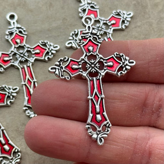 54x36mm Red Gothic Cross Pendants Antique Silver Plated Enamel 4Pcs Per Pkg