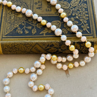 Cream Gold Pearl Opera Style Long Necklace Hand Knotted Artisan Made Per Pc
