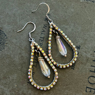 Glitz and Glamour Golden AB Rhinestone Earrings Teardrop Artisan Made in the USA Per Pair
