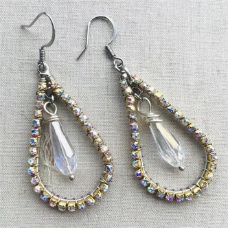 Glitz and Glamour Golden AB Rhinestone Earrings Teardrop Artisan Made in the USA Per Pair