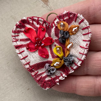 60x56mm Fabric Heart Pendant Red Zebra Embroidered Stitched Mixed Media Per Pc