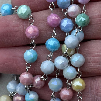 Spring Patina Luster Beaded Rosary Chain 7mm Crystal Antique Silver Plated Per Foot
