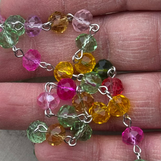 Jelly Beans Beaded Rosary Chain 8mm Crystal Rondelle Antique Silver Plated Per Foot