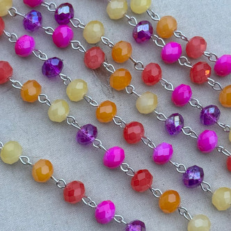 Hawaiian Sunset Beaded Rosary Chain 8mm Crystal Rondelle Antique Silver Plated Per Foot