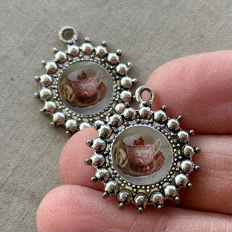 27x24mm Pink Grey Floral Tea Cup Resin Charms Antique Silver Plated Per Pair